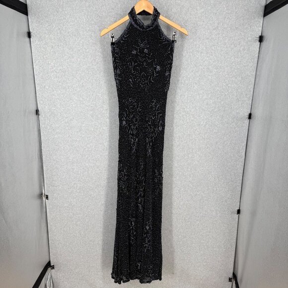 Scala Womens VTG Silk Gown Dress Size M Black Beaded High Neck Elegant Formal - Picture 1 of 16